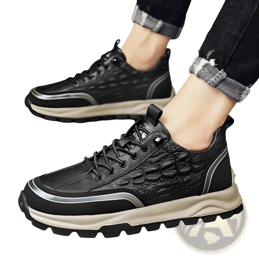 Men’s black crocodile embossed leather sneakers with beige rubber sole and silver accent stripes