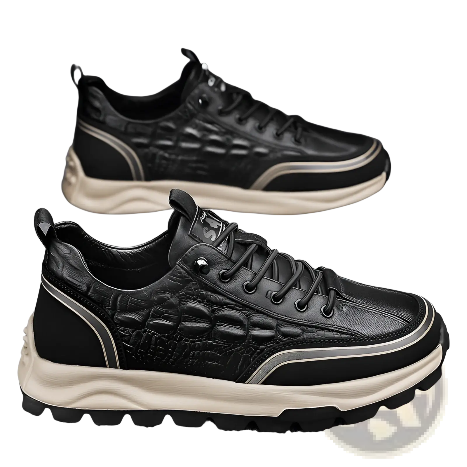 Men’s black crocodile embossed leather sneakers with beige rubber sole and silver accent stripes front view