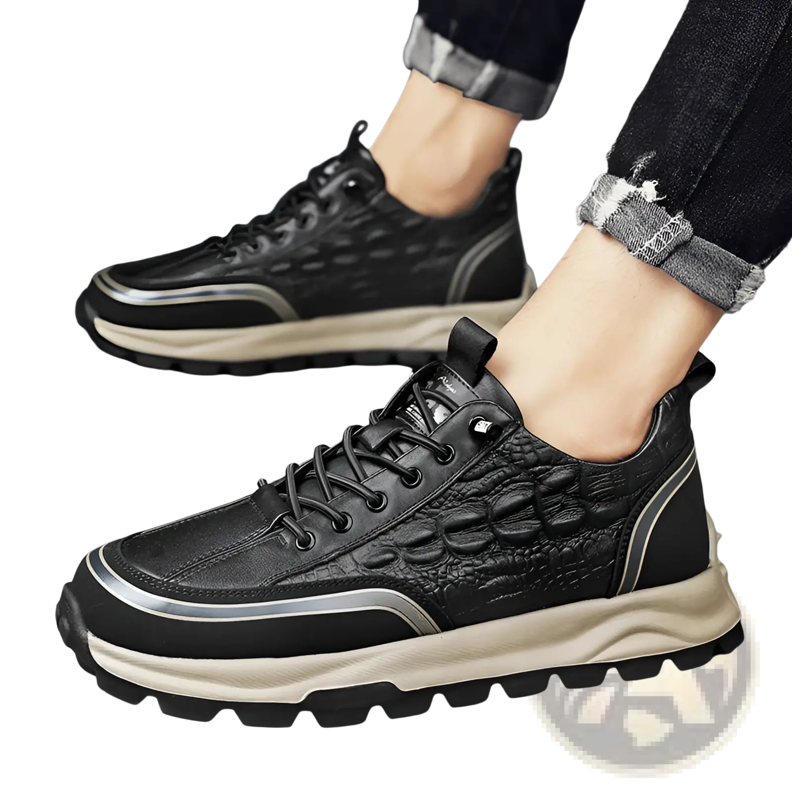 Men’s black crocodile embossed leather sneakers featuring a beige rubber sole and silver accent stripes