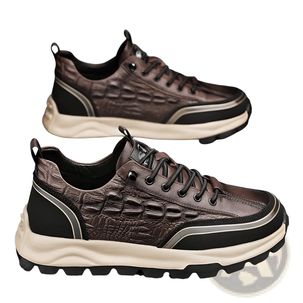 Men’s black crocodile embossed leather sneakers with brown crocodile texture and black and cream accents