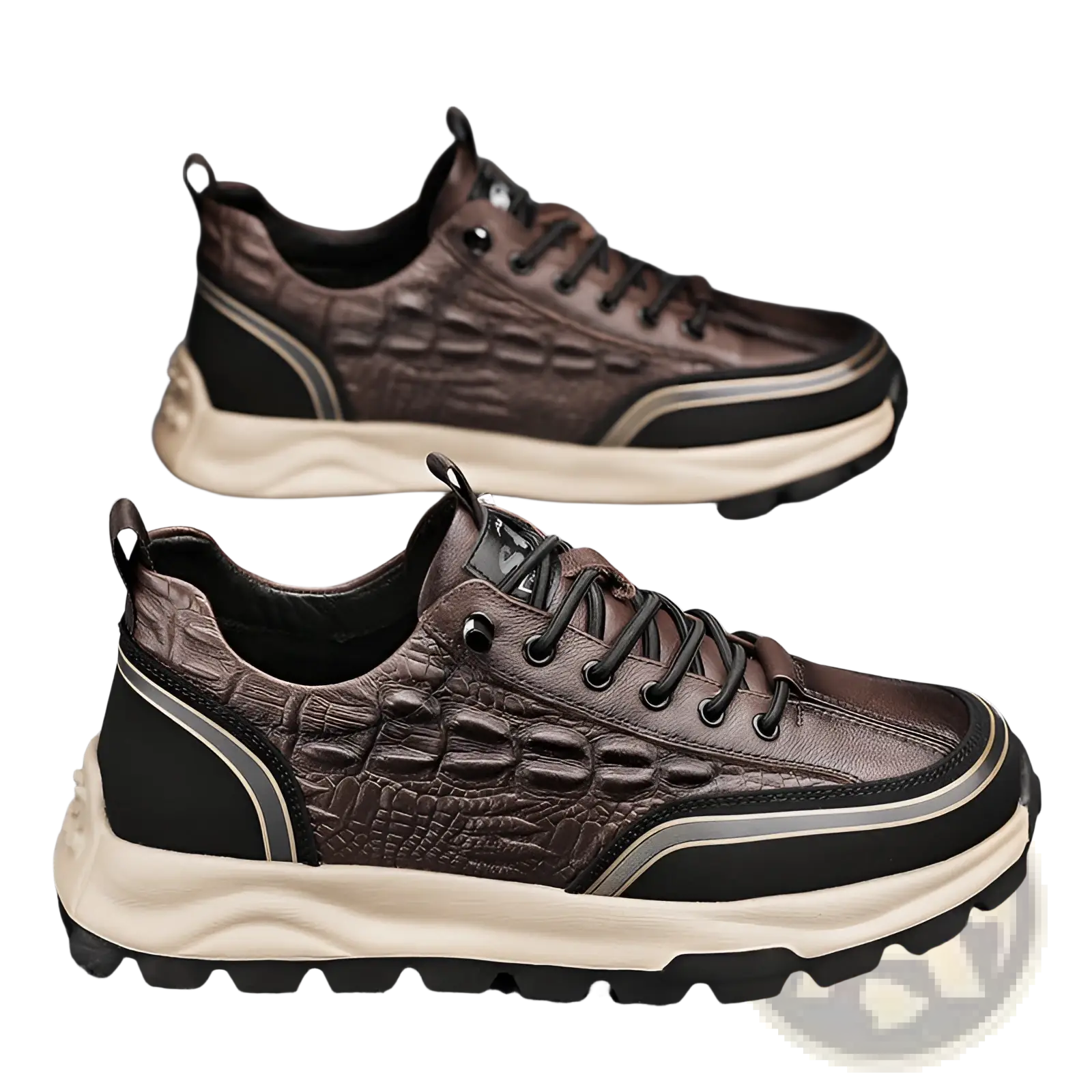 Men’s black crocodile embossed leather sneakers with brown crocodile texture and black and cream accents