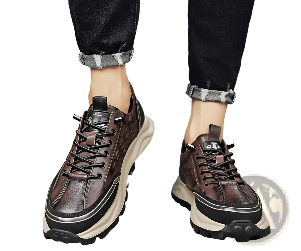 Men’s black crocodile embossed leather sneakers with brown leather upper and chunky beige and black sole with laces