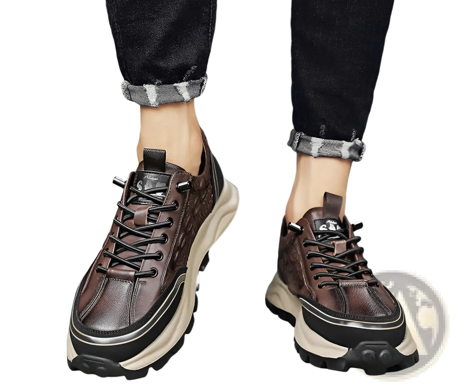 Men’s black crocodile embossed leather sneakers with brown leather upper and chunky beige and black sole with laces