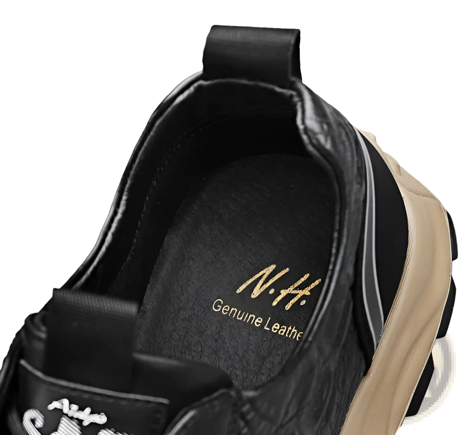 Men’s black crocodile embossed leather sneaker with tan rubber sole and gold n.h lettering on the insole