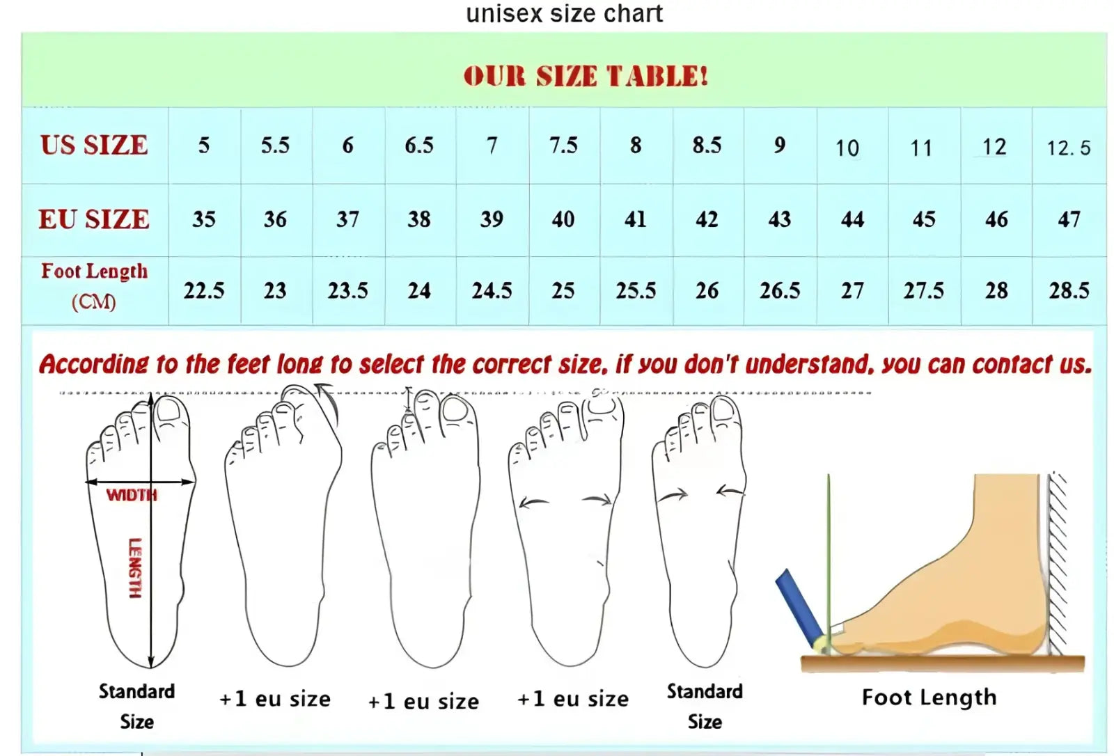 Unisex size chart with us and eu sizing and foot length in cm for men’s black crocodile embossed leather sneakers