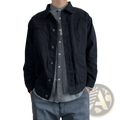 Mens black denim jacket with button closures and multiple pockets casual retro utility outerwear