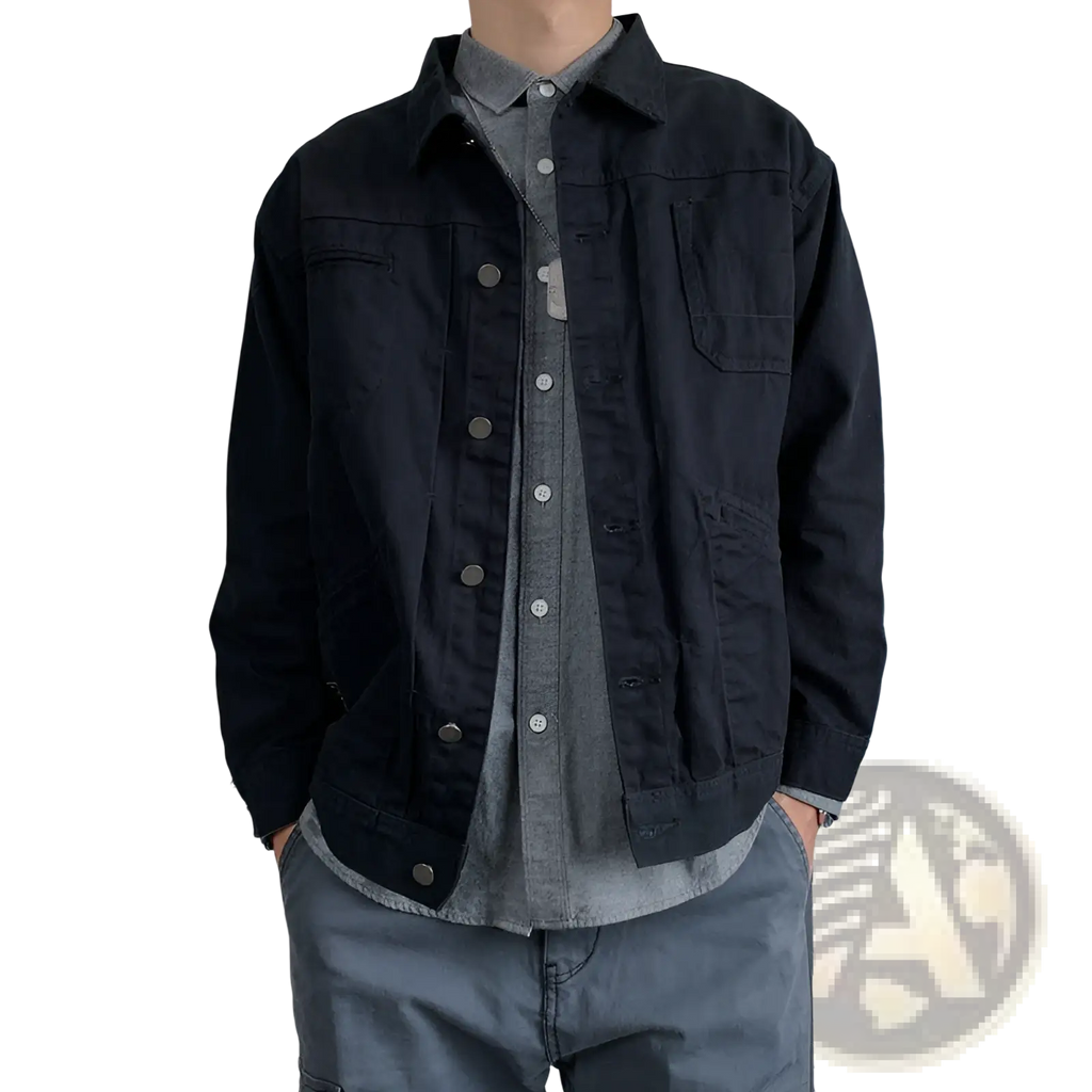 Mens black denim jacket with button closures and multiple pockets for casual retro utility outerwear use