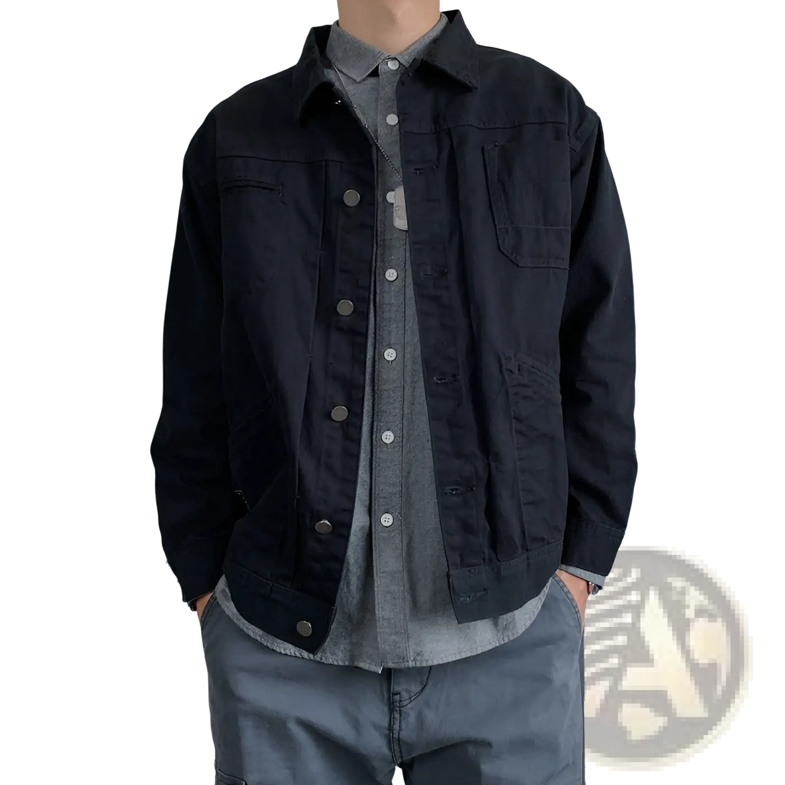 Mens black denim jacket with button closures and multiple pockets for casual retro utility outerwear use