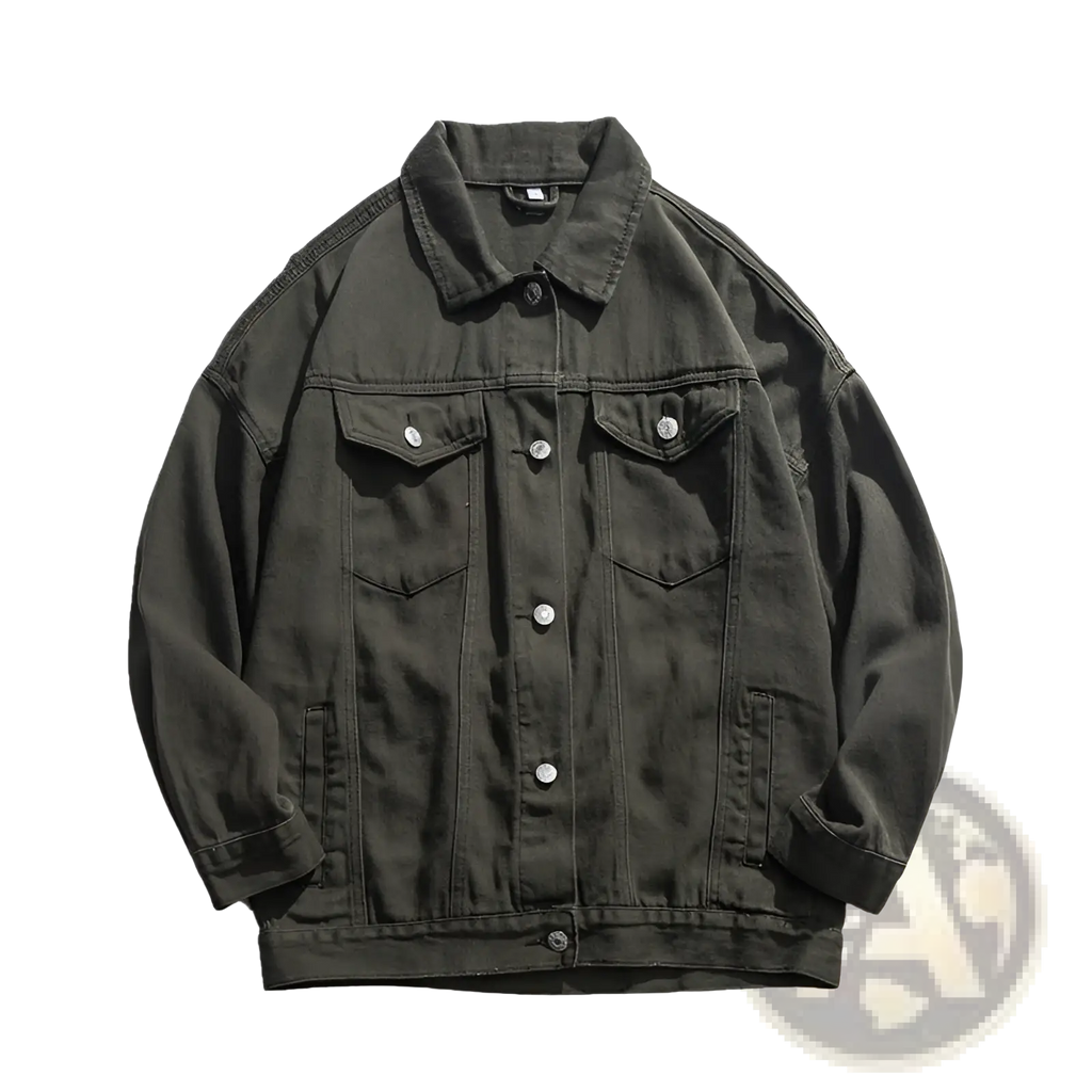 Mens black denim jacket casual retro utility outerwear in dark olive green with silver buttons and classic chest pockets