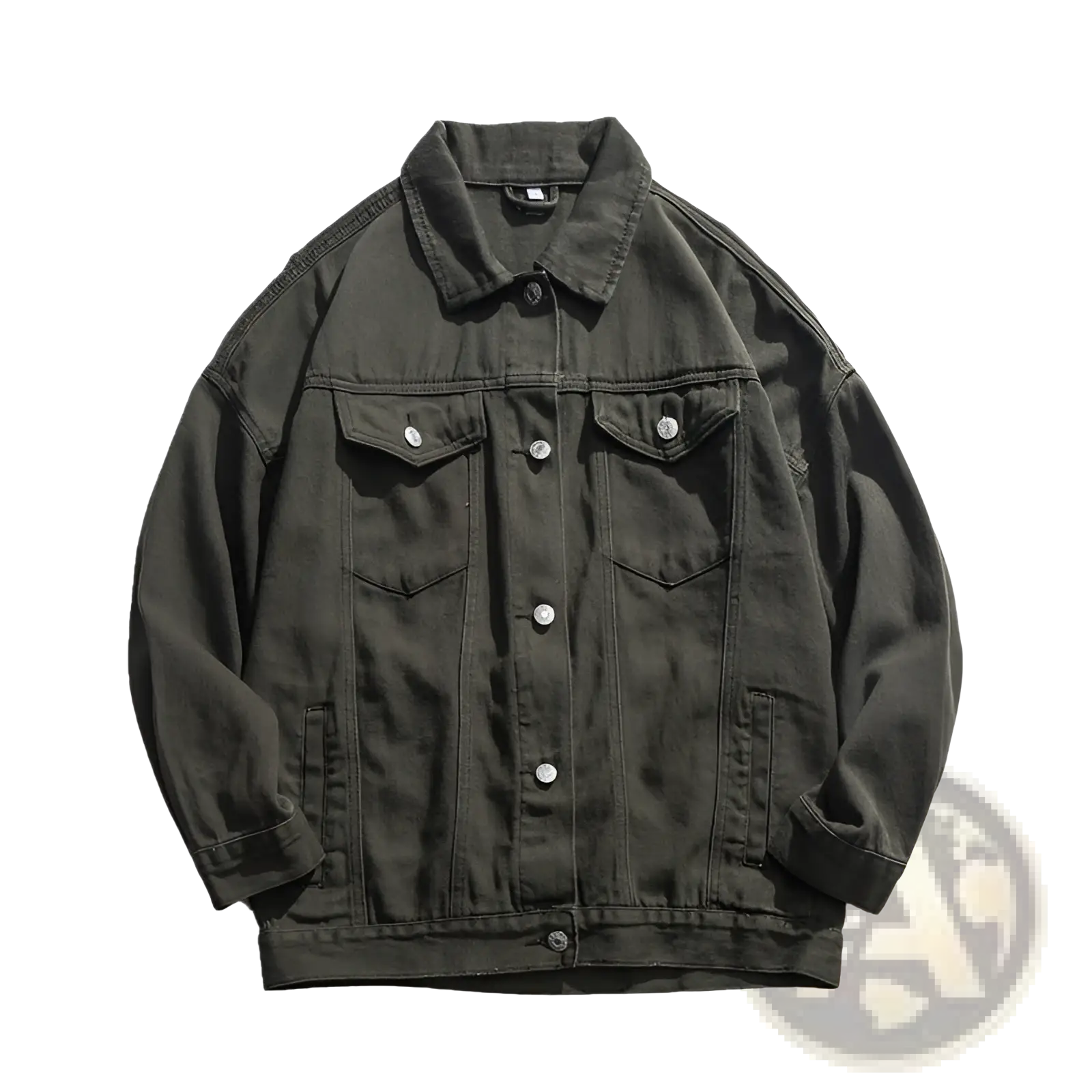 Mens black denim jacket casual retro utility outerwear in dark olive green with silver buttons and classic chest pockets