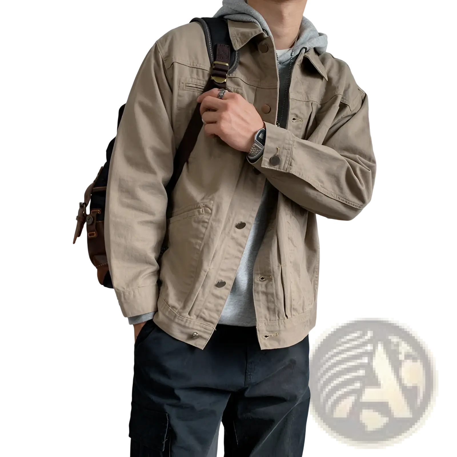 Beige utility jacket with button closures and multiple pockets for casual retro outerwear in mens black denim style