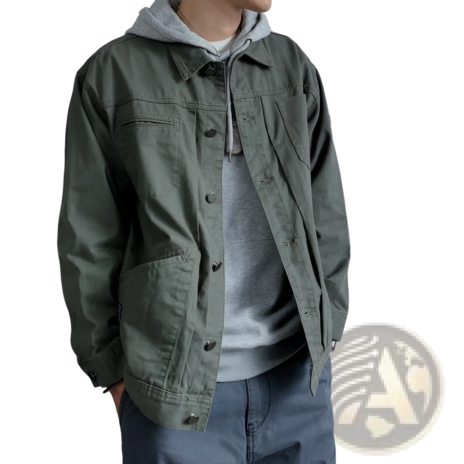 Mens black denim jacket casual retro utility outerwear displayed as olive green utility jacket with button pockets