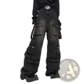 Men’s black distressed denim cargo pants with multiple pockets and a wide-leg cut for casual wear
