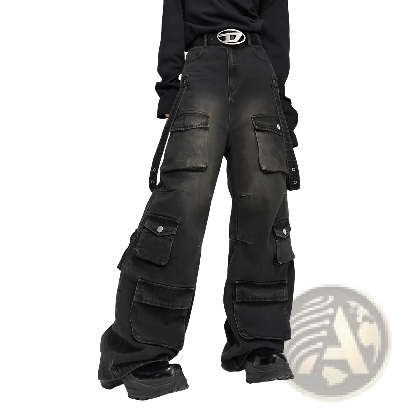 Men’s black distressed denim cargo pants with multiple pockets and a wide-leg cut for casual wear