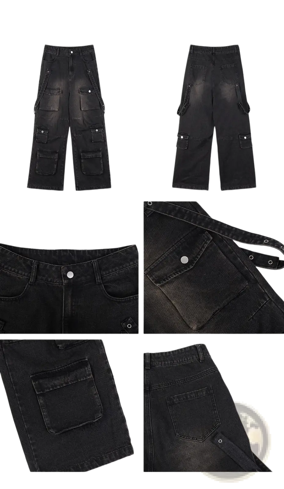Men’s black distressed wide leg cargo jeans in denim with multiple pockets and ripped detailing shown from the back side