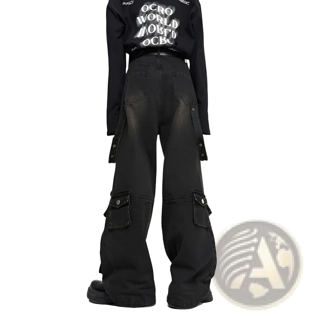 Men’s black distressed wide leg cargo jeans made of denim with multiple pockets and a faded finish