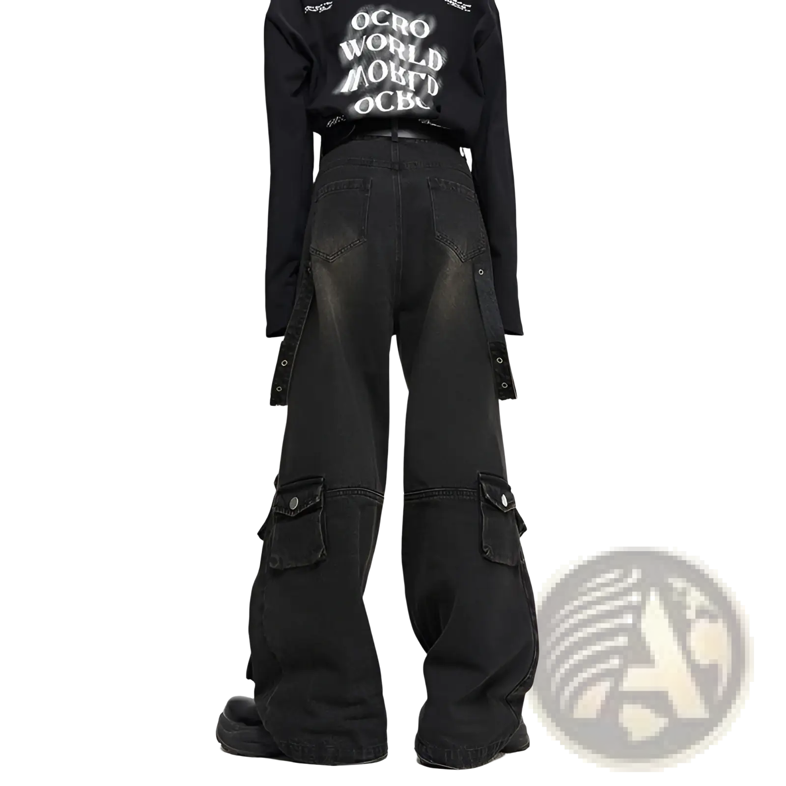 Men’s black distressed wide leg cargo jeans made of denim with multiple pockets and a faded finish