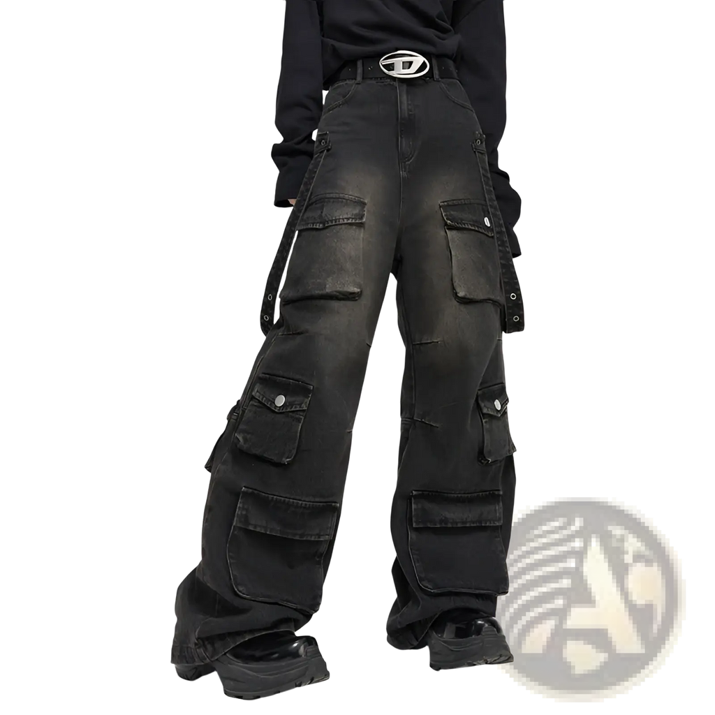 Men’s black distressed denim cargo pants with multiple pockets and wide leg cut for casual wear