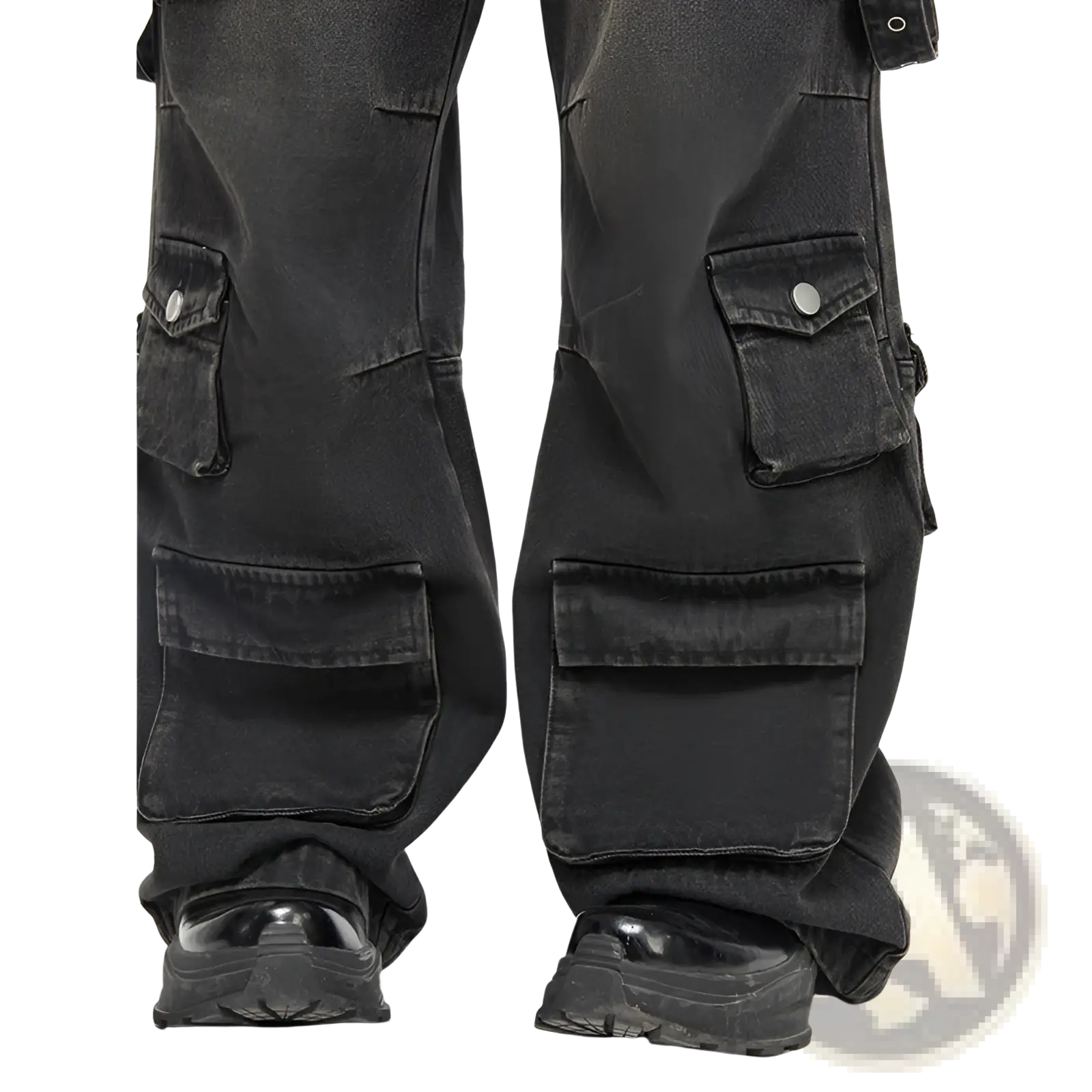 Men’s black distressed wide leg denim cargo jeans with multiple pockets and faded finish displayed from the front