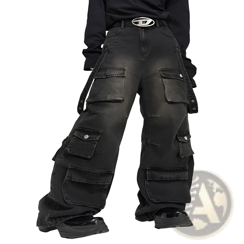 Men’s black distressed wide leg cargo jeans featuring multiple pockets in durable denim fabric for casual wear