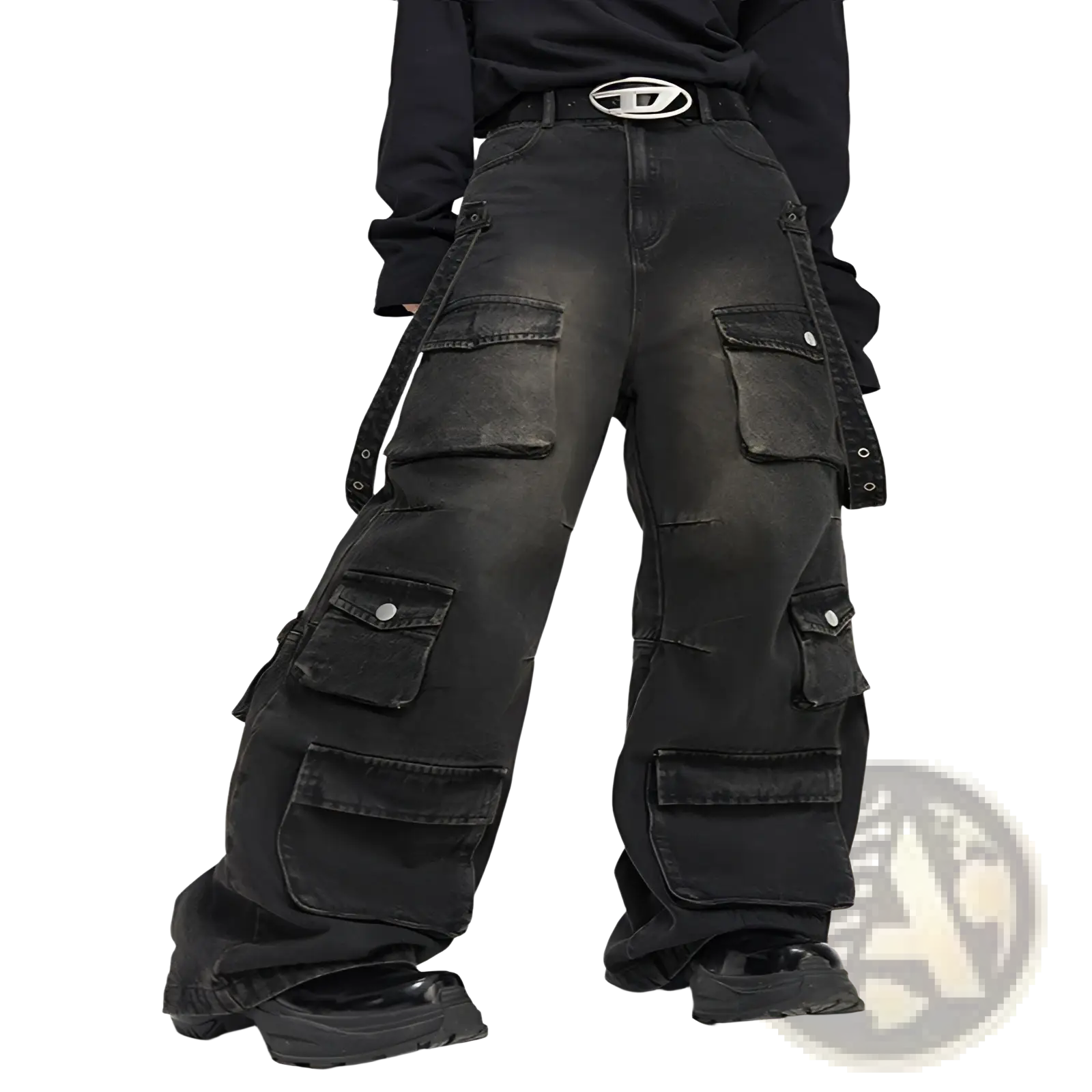 Men’s black distressed wide leg cargo jeans featuring multiple pockets in durable denim fabric for casual wear