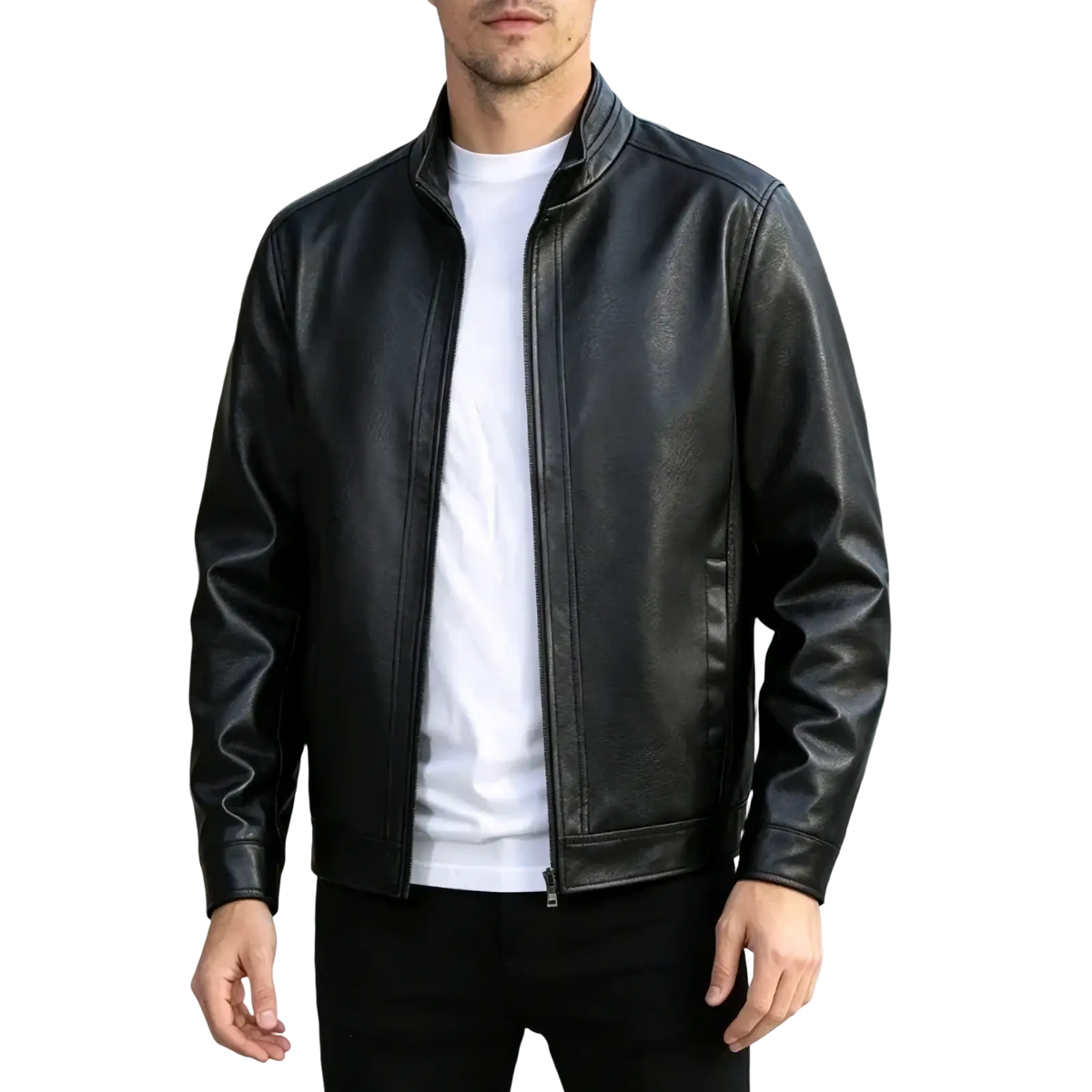 Men’s black faux leather bomber jacket slim fit with stand-up collar and front zipper for stylish outerwear
