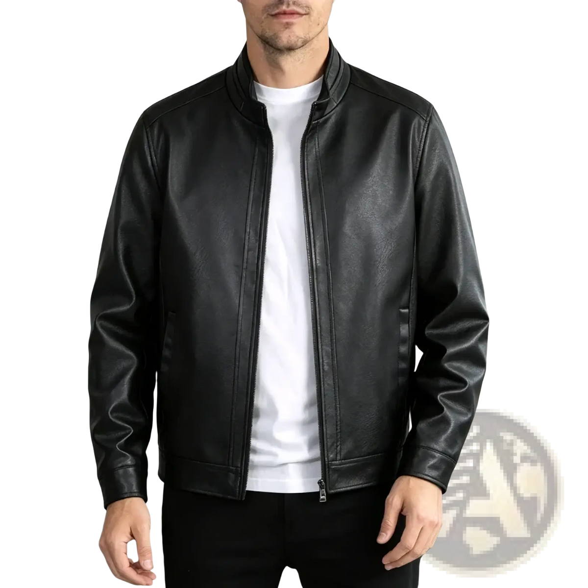 Men’s black faux leather bomber jacket slim fit with sleek modern design and subtle stitching details front view