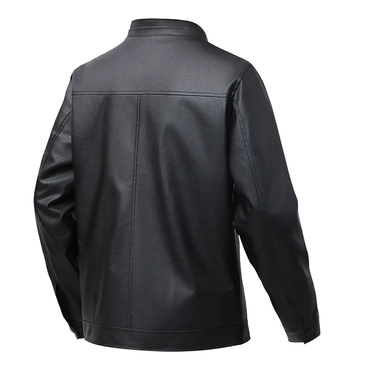 Men’s black faux leather bomber jacket slim fit with classic collar and clean straight stitching visible from the front