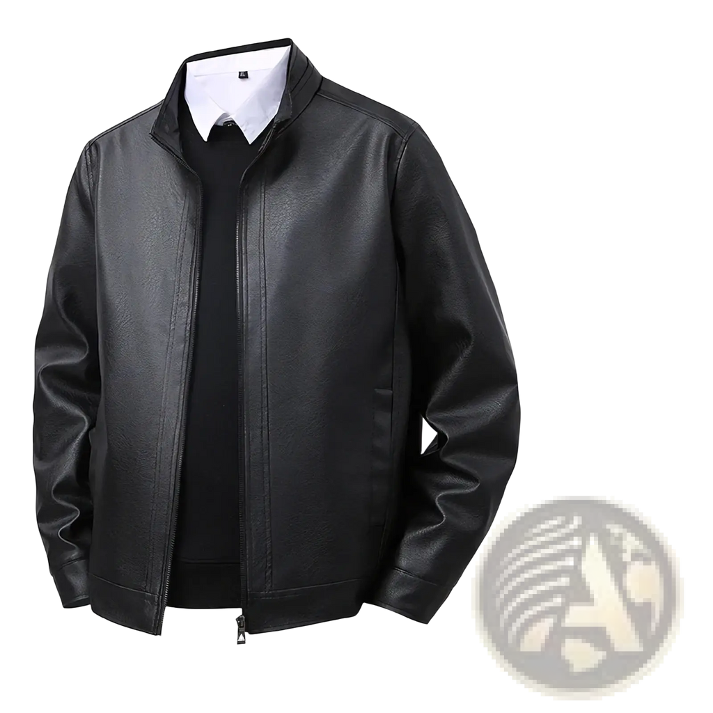 Men’s black slim fit faux leather bomber jacket with stand-up collar and front zipper closure