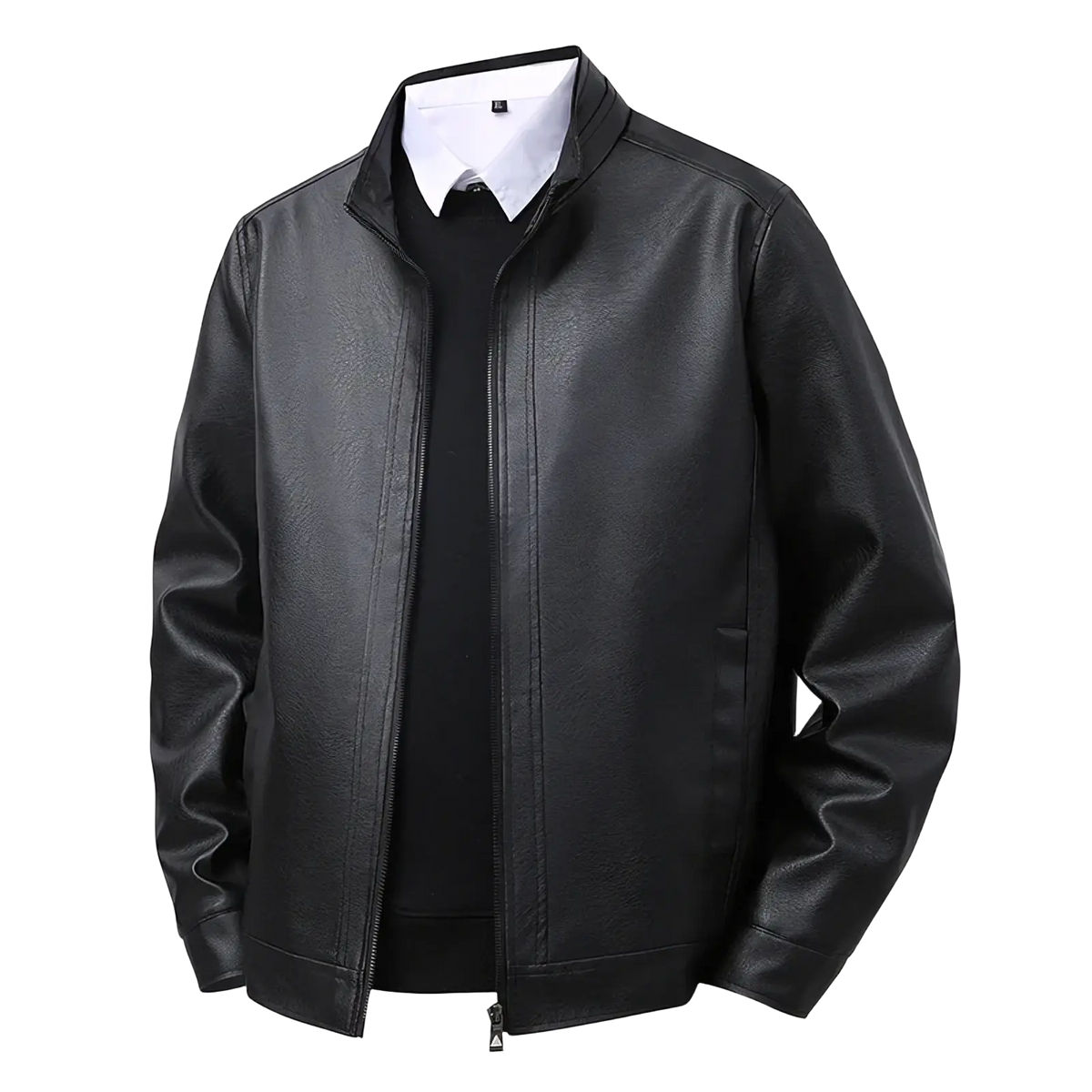 Men’s black faux leather bomber jacket slim fit with stand-up collar and front zipper for stylish outerwear