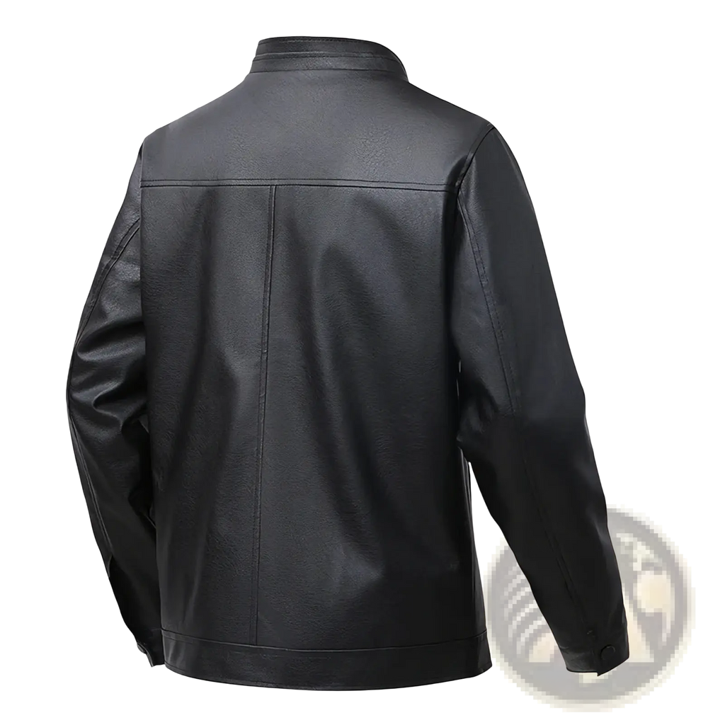 Men’s black faux leather bomber jacket slim fit with classic collar and clean straight stitching visible from the front