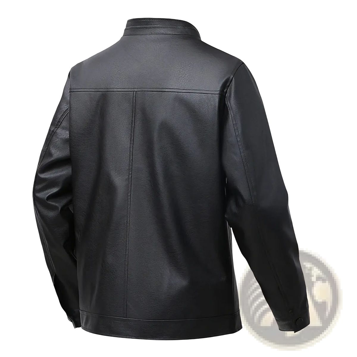 Men’s black faux leather bomber jacket slim fit with classic collar and clean straight stitching visible from the front