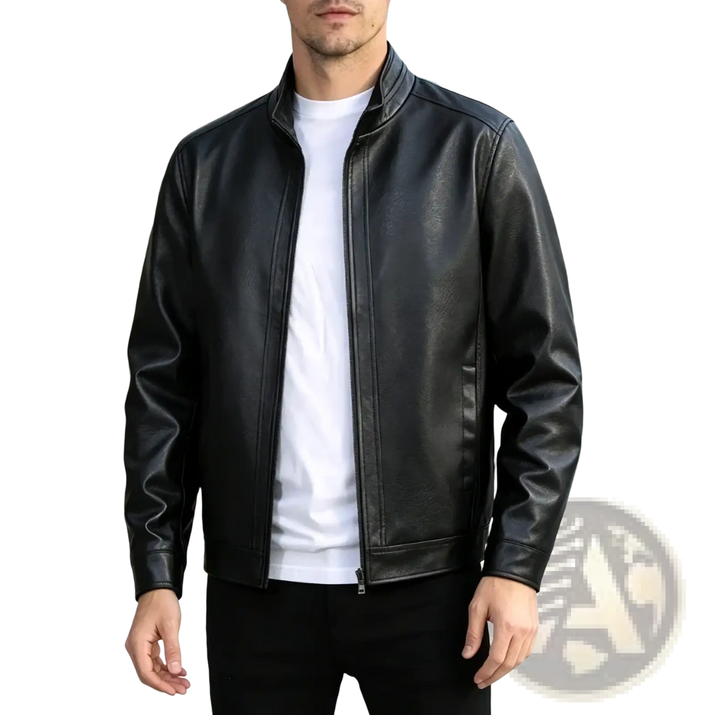 Men’s black faux leather bomber jacket slim fit with stand-up collar and front zipper for stylish outerwear