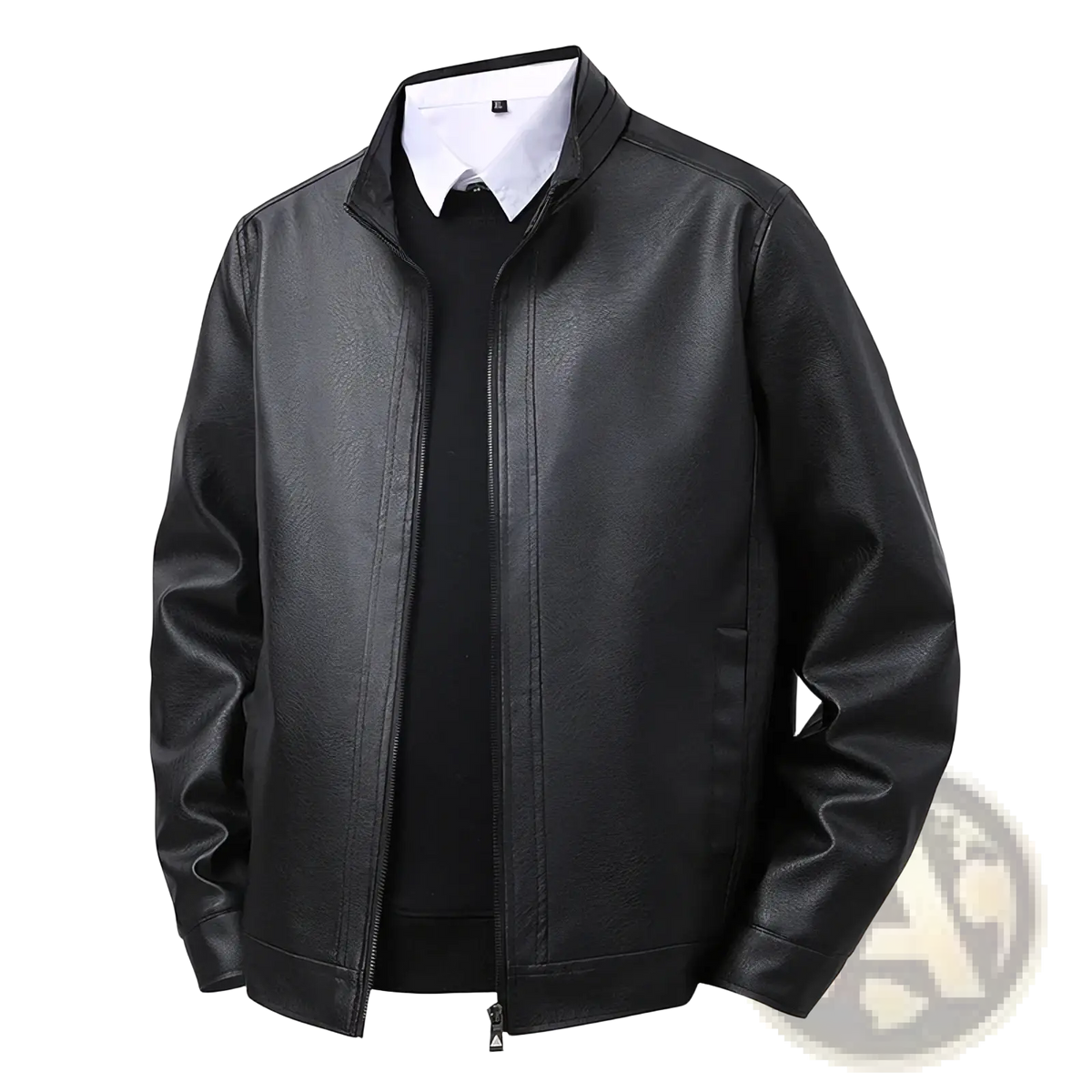 Men’s black faux leather bomber jacket slim fit with stand-up collar and front zipper for stylish outerwear