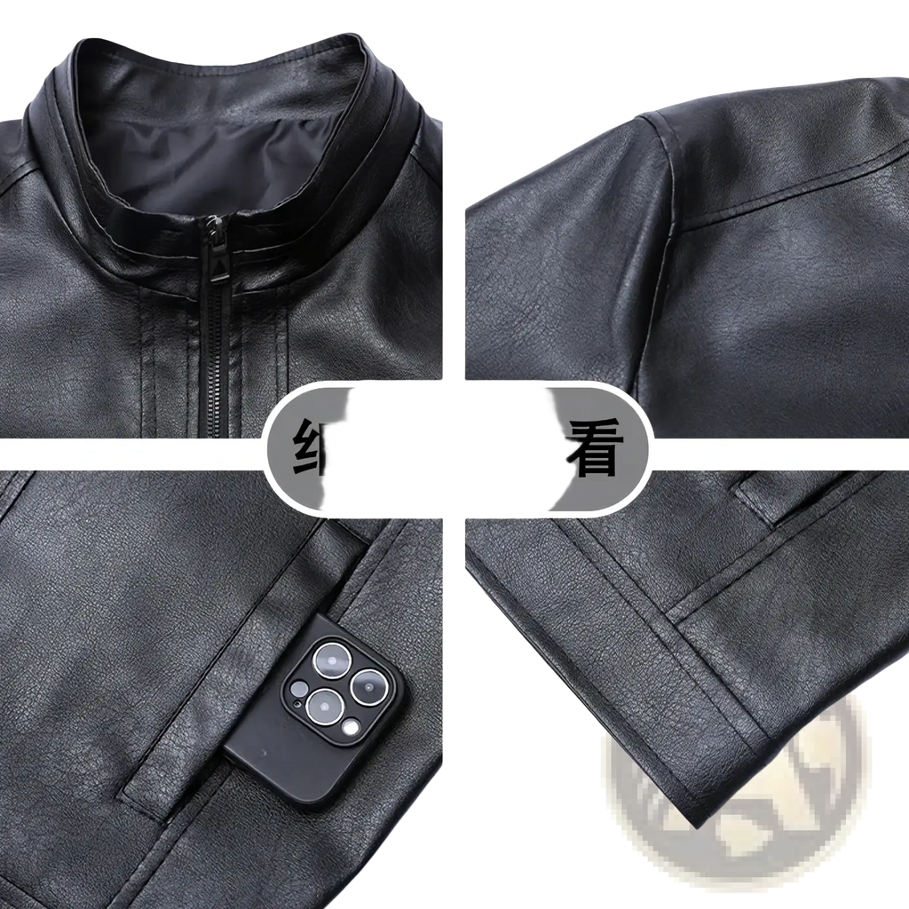 Men’s black faux leather bomber jacket slim fit with zipper collar and front pocket holding a smartphone
