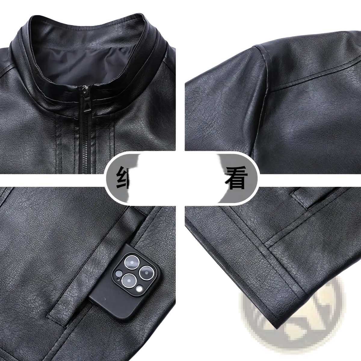 Men’s black faux leather bomber jacket slim fit with zipper collar and front pocket holding a smartphone