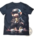 Men’s black cotton graphic streetwear t shirt featuring a detailed cartoon monkey wearing a hat jacket and gold chains