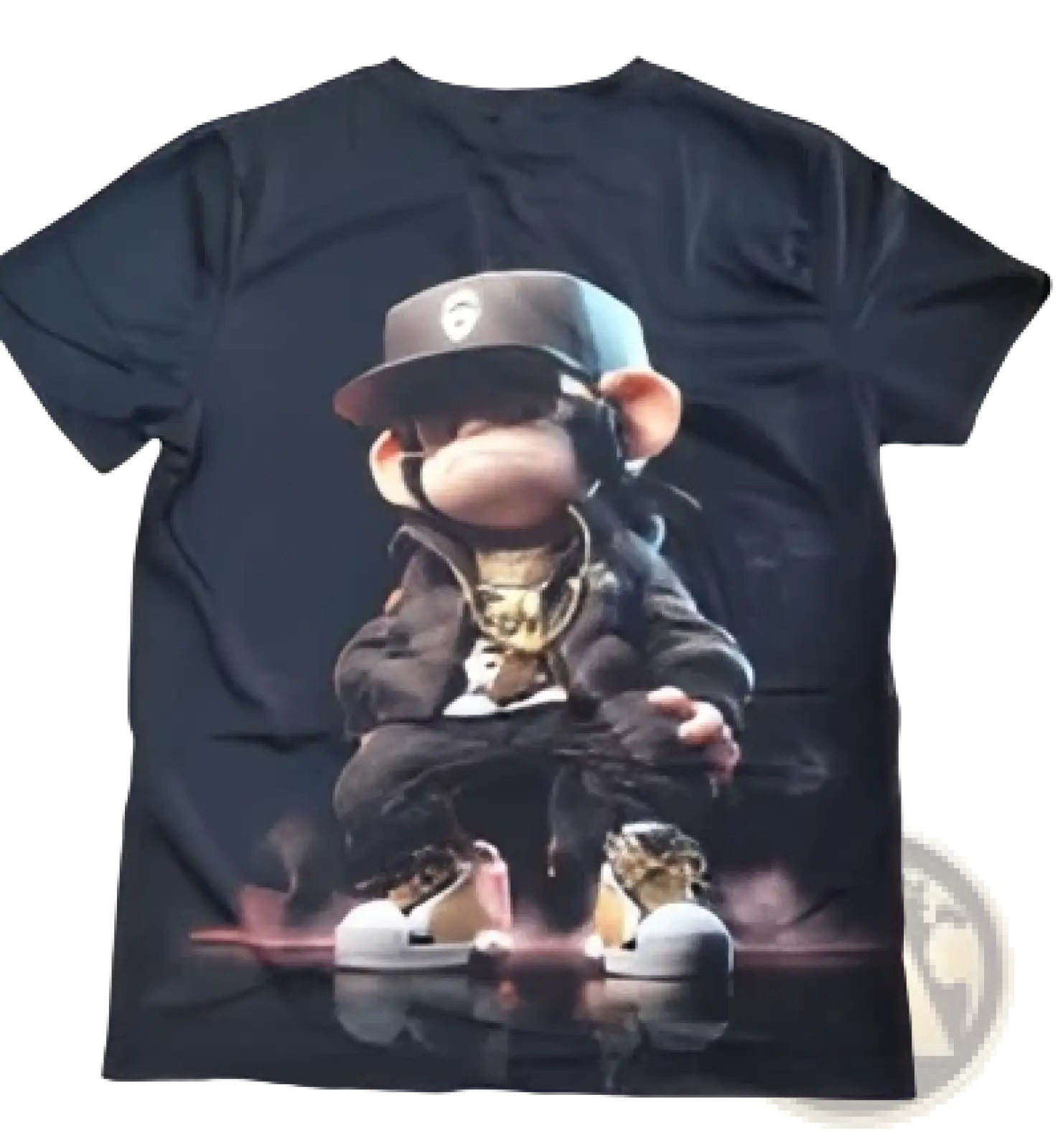 Men’s black cotton graphic streetwear t shirt featuring a detailed cartoon monkey wearing a hat jacket and gold chains