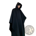 Mens black hooded trench cape loose draped jacket featuring a flowing design with soft fabric texture visible from the back