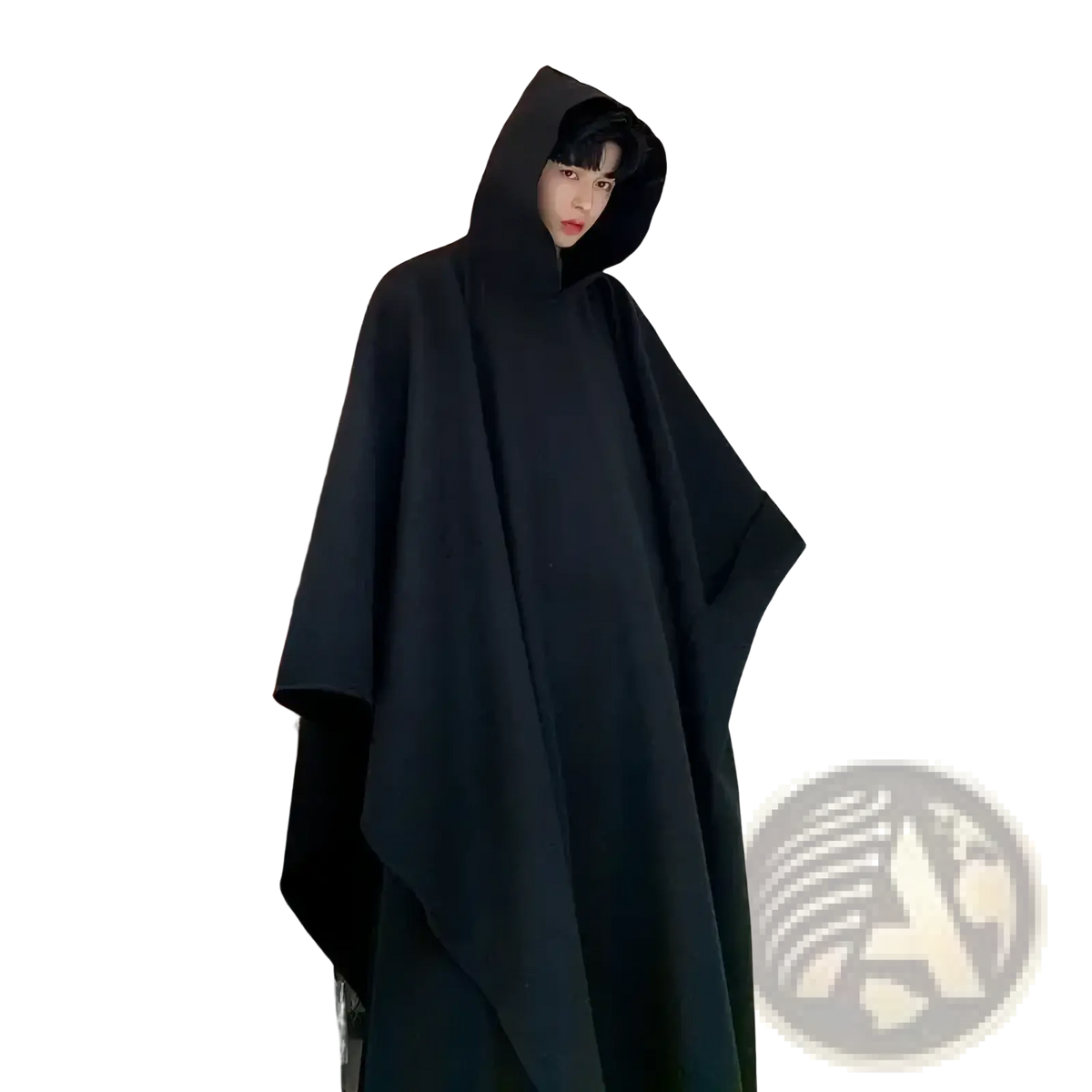Mens black hooded trench cape loose draped jacket featuring a flowing design with soft fabric texture visible from the back