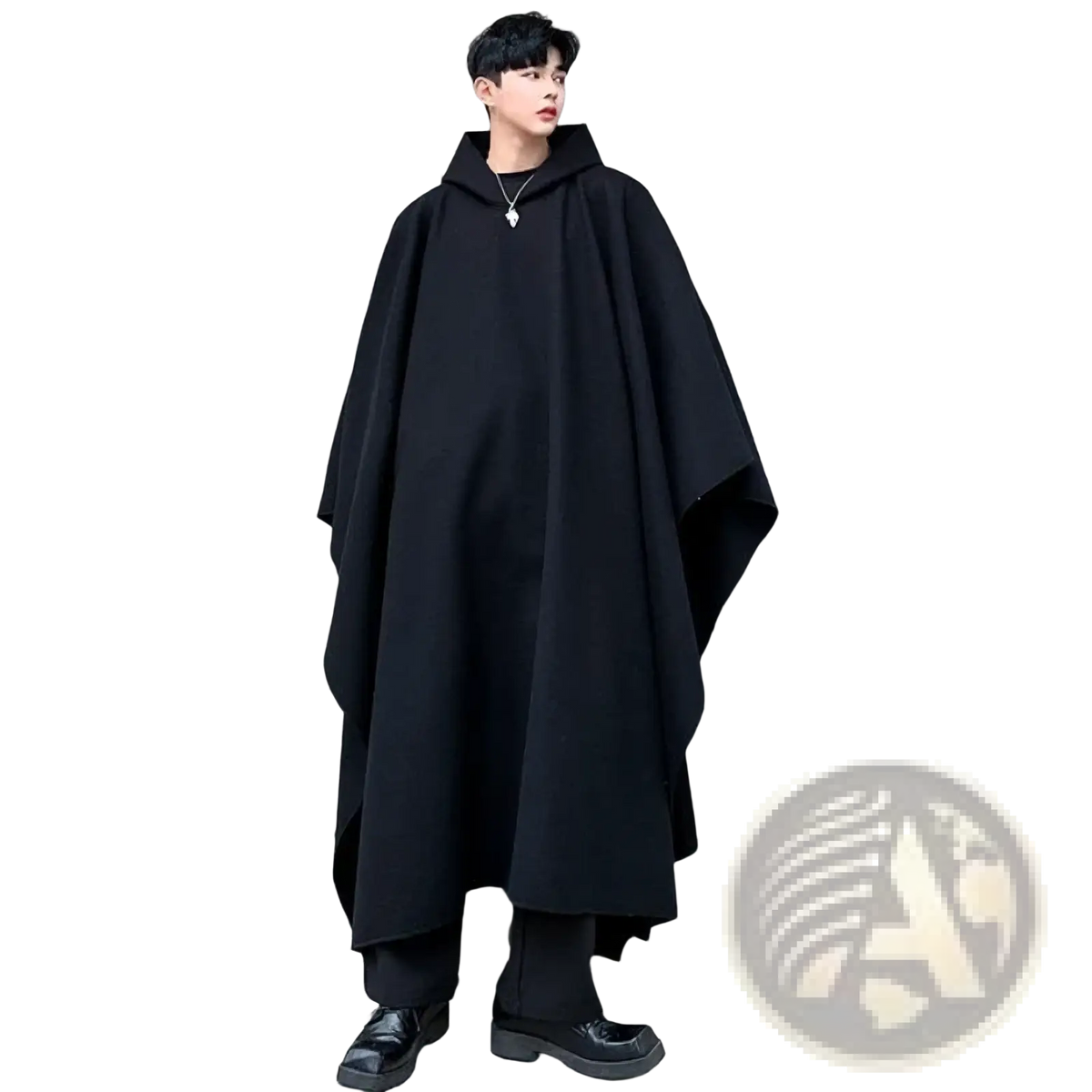 Mens black hooded trench cape featuring a loose flowing silhouette and subtle asymmetrical hemline shown from the back