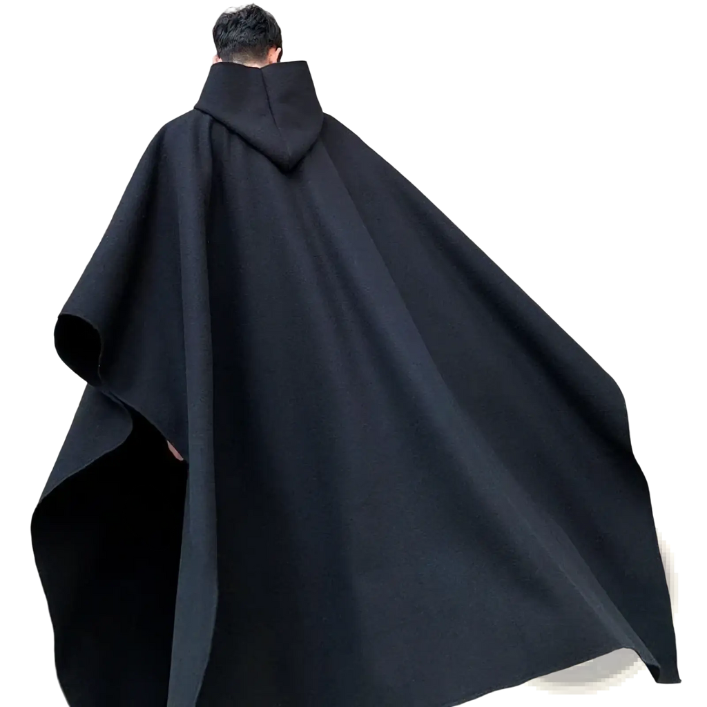 Mens black hooded trench cape with a flowing draped silhouette and smooth fabric texture shown from the back side
