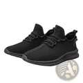 Men’s black knit mesh athletic running shoes with textured rubber sole and matching laces for enhanced performance