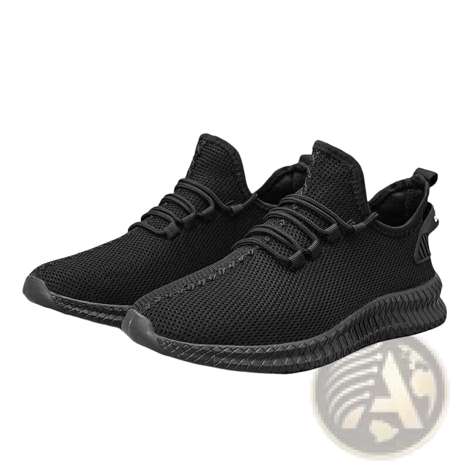Men’s black knit mesh athletic running shoes with textured rubber sole and matching laces for enhanced performance