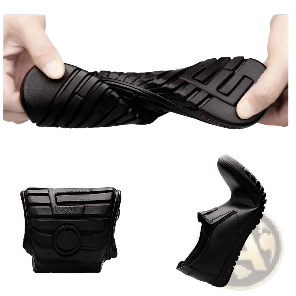 Mens black korean style breathable leather hiking shoe back view with textured sole and subtle red branding on heel