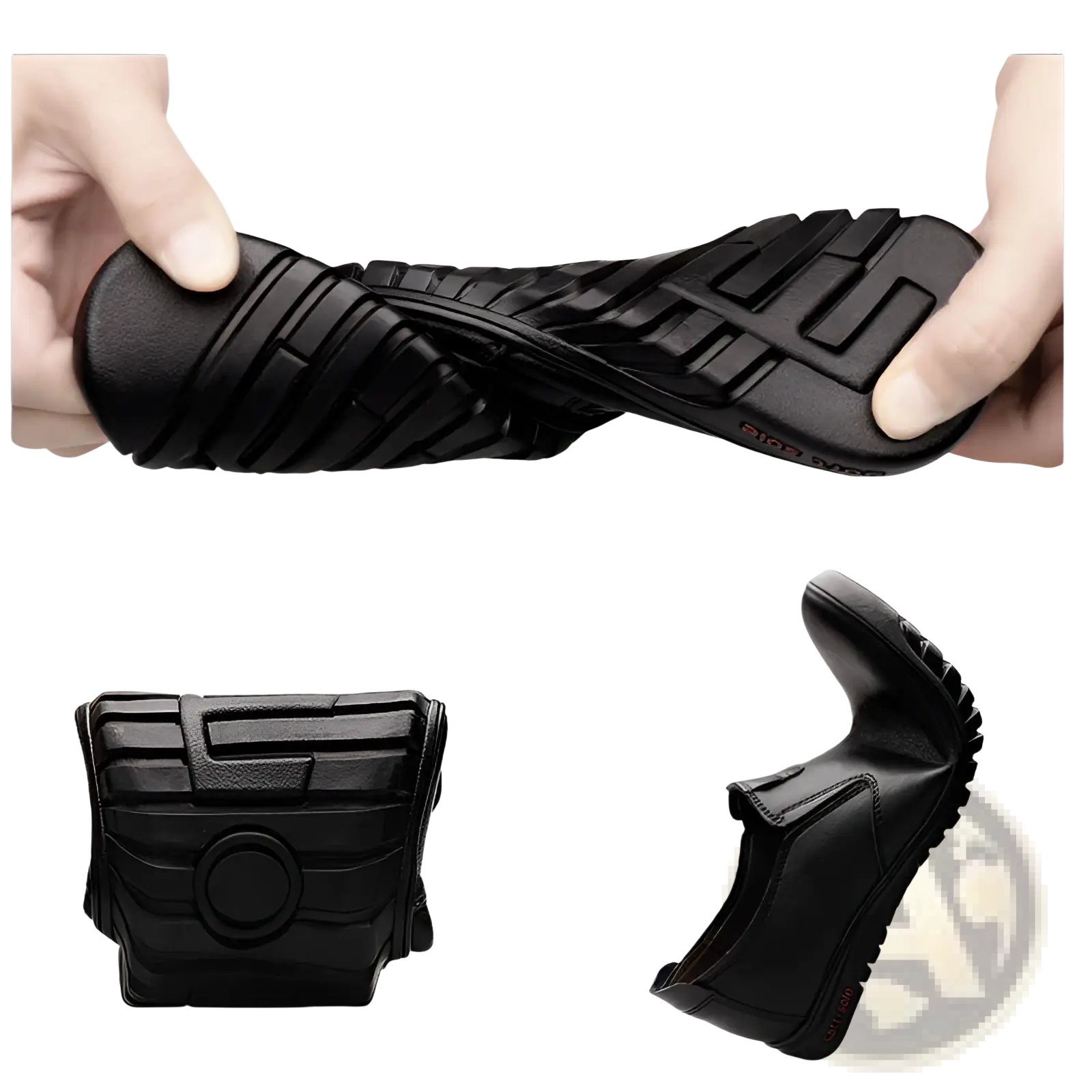 Mens black korean style breathable leather hiking shoe back view with textured sole and subtle red branding on heel