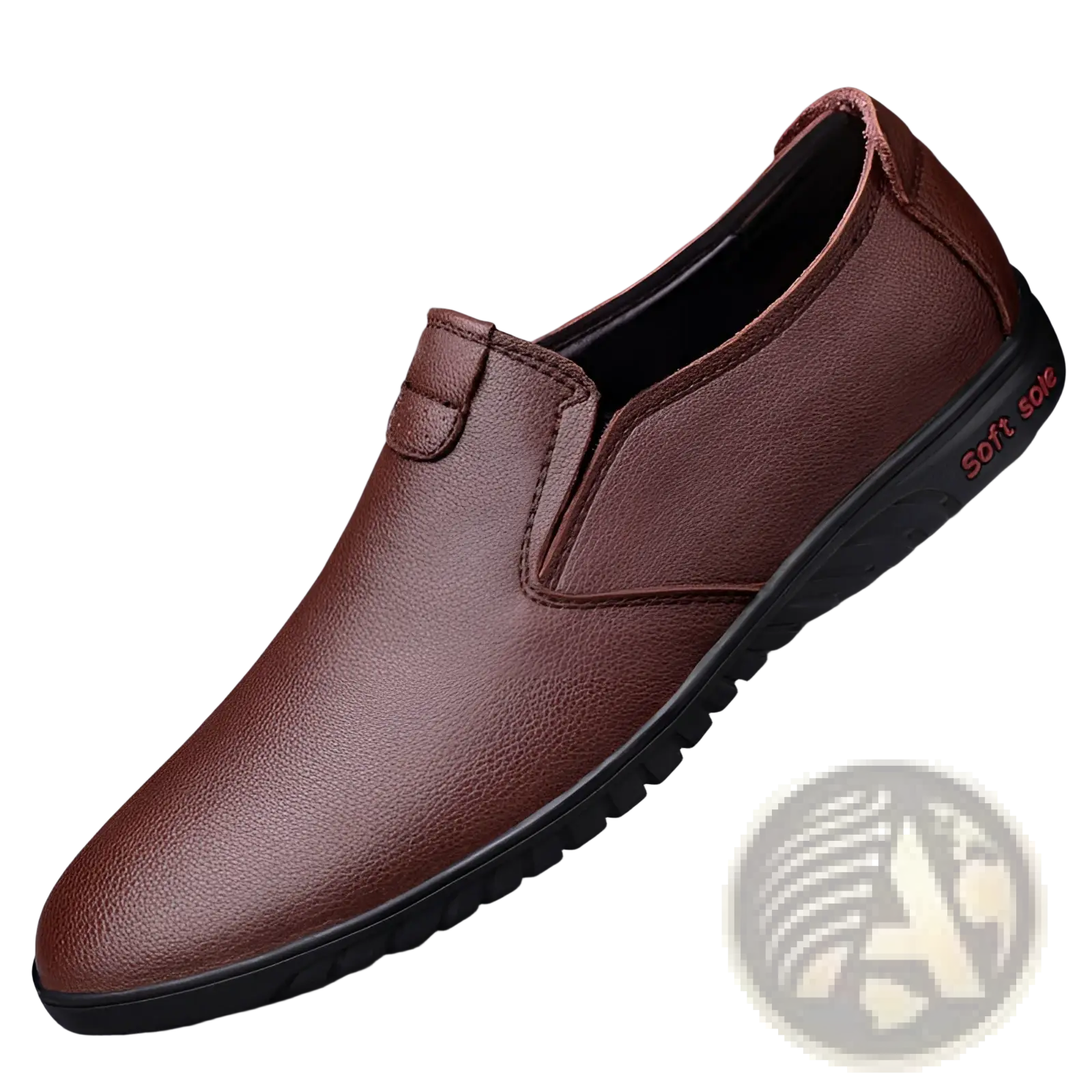 Men’s black korean style breathable leather hiking shoe with brown leather slip-on design and soft sole text on side