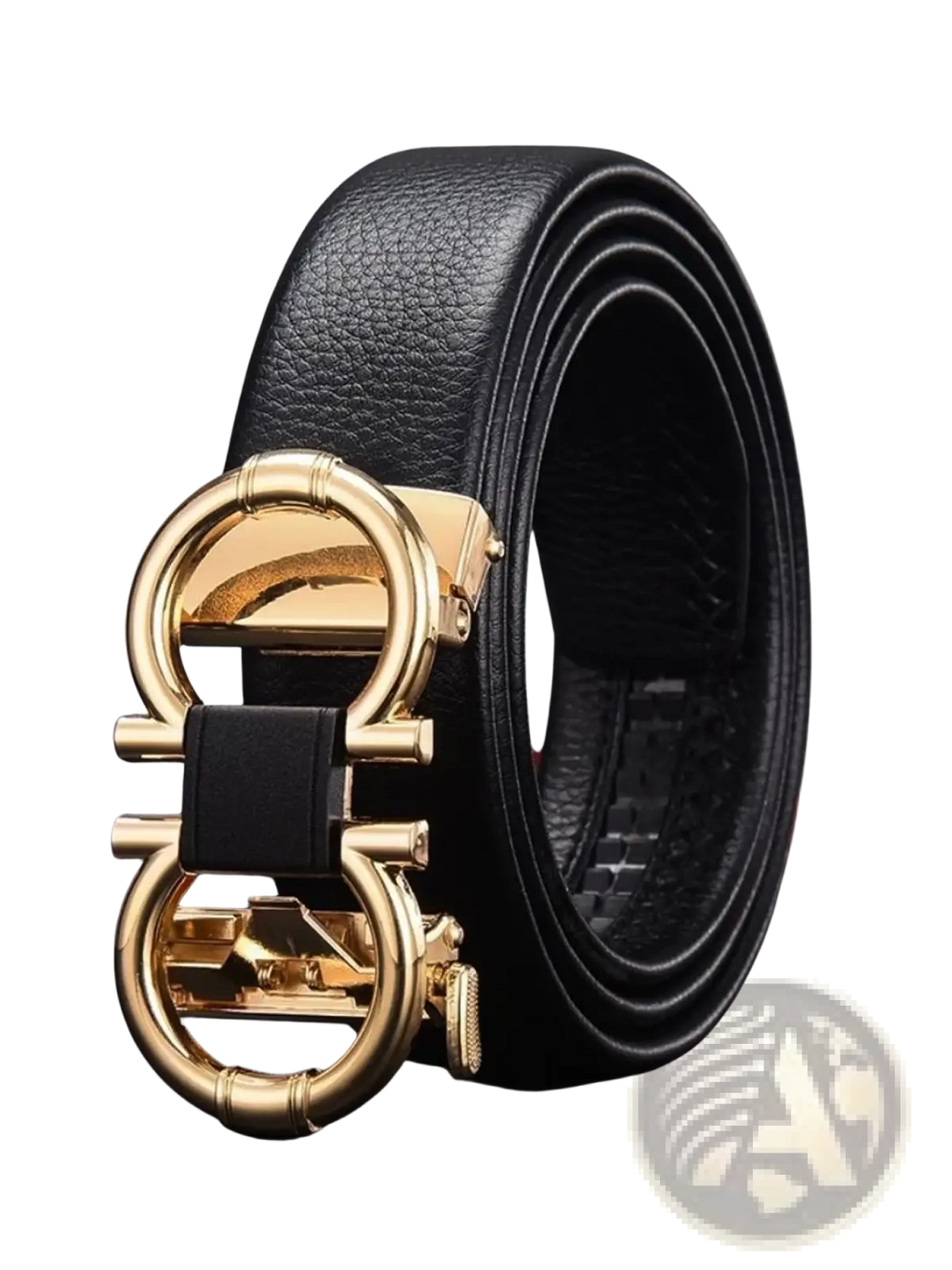 Men’s black leather belt with gold double g buckle and black strap accent for formal and casual wear