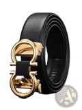 Men’s black leather belt with gold double g buckle and black strap accent for formal and casual wear