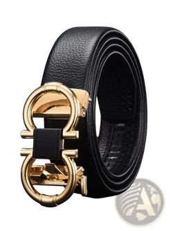 Men’s black leather belt with gold double g buckle and black strap accent for formal and casual wear
